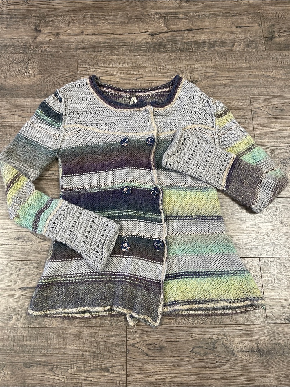 BKE Multicolor Striped Crochet Cardigan in Gray, Green, Blue, Purple